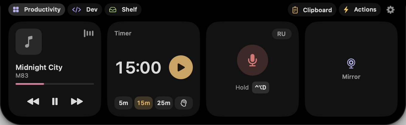 The Ait island opened under the MacBook camera: Now Playing with playback controls, Timer with Pomodoro, Voice dictation and Mirror, with tabs for Productivity, Dev, Shelf, Clipboard and Actions.